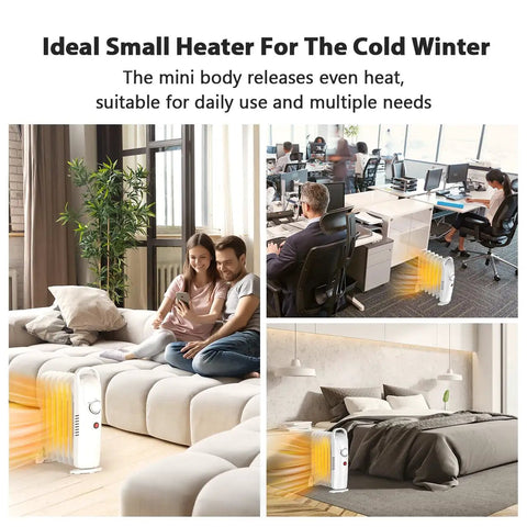 700W Portable Oil Radiator Heater For Small Rooms And Desks, Silent Office Space Heater warming living room and office.