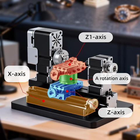 4 Axis Mini Metal Lathe 60W High Speed Machine For Precision Machining Soft Metals Wood Acrylic And Plastic showing X, Y, Z, Z1 axes.
