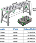 Adjustable Steel Scaffolding Ladder Workbench Built Like A Tank With 800 Lbs Load Capacity And Non Slip Pads For Heavy Duty Construction DIY Projects Converts To Rugged Portable Scaffold Platform with adjustable height and size details.
