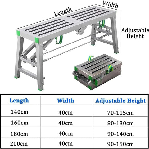 Adjustable Steel Scaffolding Ladder Workbench Built Like A Tank With 800 Lbs Load Capacity And Non Slip Pads For Heavy Duty Construction DIY Projects Converts To Rugged Portable Scaffold Platform with adjustable height and size details.