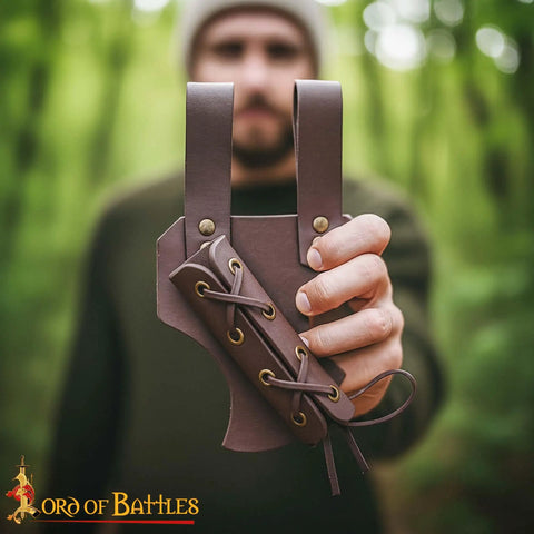 Medieval Leather Sword Frog Holster For Dagger Rapier And Sabre Props held outdoors close-up with lacing detail