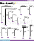 Size chart for Guitar Allen Wrench Set With 13 Pieces For Precise Truss Rod And Nut Adjustments, includes hex and box wrenches.