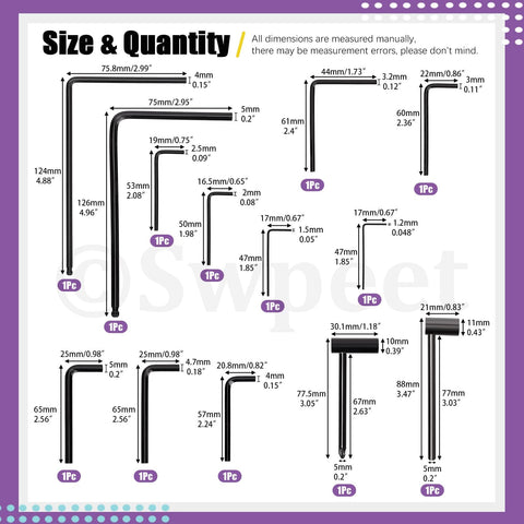 Size chart for Guitar Allen Wrench Set With 13 Pieces For Precise Truss Rod And Nut Adjustments, includes hex and box wrenches.