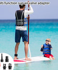 Inflatable SUP Pump Adaptor Pro Grade All In One Kit With 2 Adapters And 9 Nozzles, shown with family enjoying paddle boarding