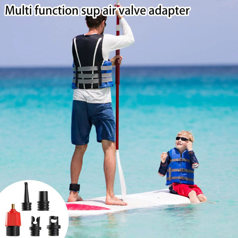Inflatable SUP Pump Adaptor Pro Grade All In One Kit With 2 Adapters And 9 Nozzles, shown with family enjoying paddle boarding