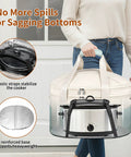 Heavy Duty Six To Eight Quart Slow Cooker Carry Bag With Double Layer Shell secure with elastic straps, ideal for transporting meals.