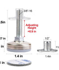 Heavy Duty Adjustable Furniture Leveling Feet For Tables, Chairs, Cabinets, And Sofas With Beefy Large Base And 1320 Lbs Capacity Includes T Nut Kit 3/8-16 Thread Four Felt Pads And Twelve Screws dimensions and components