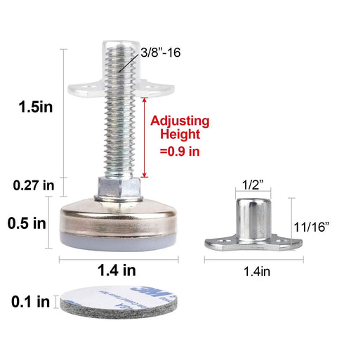 Heavy Duty Adjustable Furniture Leveling Feet For Tables, Chairs, Cabinets, And Sofas With Beefy Large Base And 1320 Lbs Capacity Includes T Nut Kit 3/8-16 Thread Four Felt Pads And Twelve Screws dimensions and components