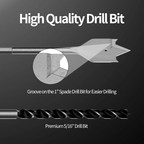 Cable Routing Kit With Wall Pass Through Grommet Mounting Kit For Gen 2 And Gen 3 Dish And Mini Ethernet Install Includes Three Quarters Inch And Five Sixteenths Inch Drill Bits Wire Clips And Cable Ties featuring close-up of 1 inch spade and 5/16 inch drill bits.
