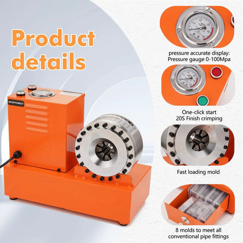 Badass Shop Ready 110 Volt Electric Hydraulic Hose Crimper featuring eight pro grade dies and pressure gauge display.