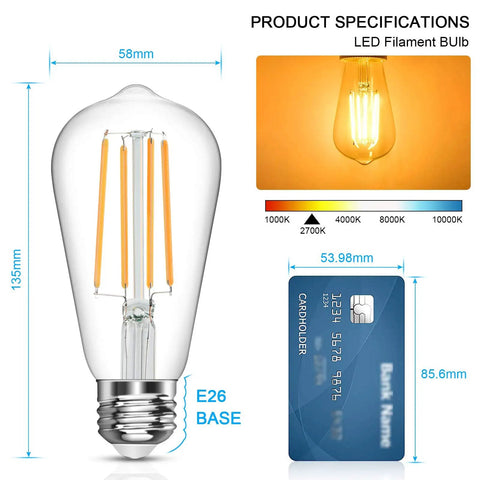 Vintage Edison Style LED Filament Bulbs 2700K Soft White, E26 dimensions comparison with credit card, light color spectrum shown