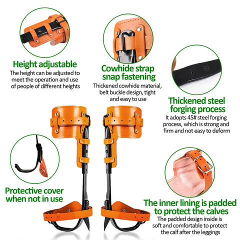 All In One Tree Climbing Gear Set With Adjustable Climbing Straps Steel Core Flip Line detail showing leather ankle straps and steel forging process.