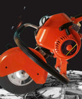 6.8HP Petrol Demolition Saw With 2-Stroke Engine, Fast 5000 RPM Cutoff Saw For Concrete, Metal, Brick, Marble, Road Construction Kit Included, Heavy Duty Cutter Machine, close-up view of blade and engine.