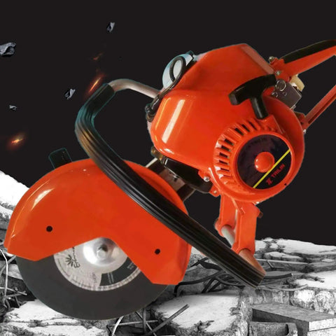 6.8HP Petrol Demolition Saw With 2-Stroke Engine, Fast 5000 RPM Cutoff Saw For Concrete, Metal, Brick, Marble, Road Construction Kit Included, Heavy Duty Cutter Machine, close-up view of blade and engine.