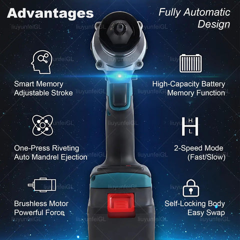 Ultimate 26V Cordless Rivet Nut Gun Kit With 7 Swappable Heads For M3 To M12 Fastening Plus Dual Batteries And Smart Features For pros., front view