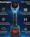 Top Notch 26V Cordless Rivet Nut Gun Kit With M3-M12 Heads, Two 5200mAh Batteries, Fast Charger, And Tough Case For Serious Home Projects And Auto Work. Front view showing brushless motor, memory function, and 2-speed mode.