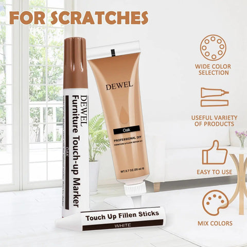 DIY Friendly Wood Repair Kit With 12 Color Fillers, 8 Color Markers, 8 Wax Sticks, 12 Brushes, Scraper And Sharpener For Floors