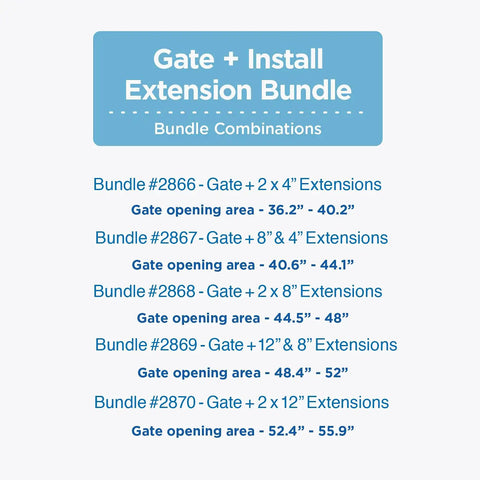 Gate extension bundle options showing sizes and combinations for adjustable clear acrylic baby gate for stairs installation.
