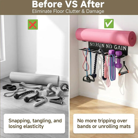 Heavy Duty Wall Mounted Gym Rack With Eight Hooks for organized home workout gear storage, comparing floor clutter vs wall mounting.