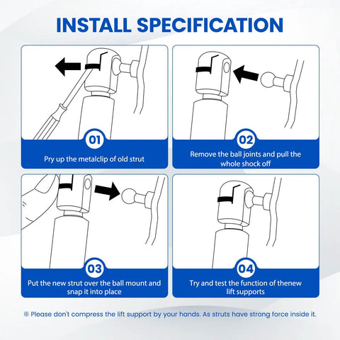 Instructional diagram for installing Rock Solid 20 Inch Gas Struts, showing step-by-step process for RV doors and trailers.