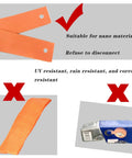 Orange nylon tie-down strap with metal grommet; close-up end view; gray infographic background shows blue device.