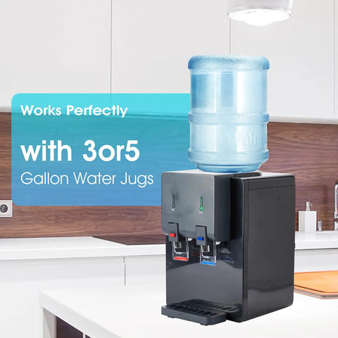 Countertop Water Cooler Dispenser For Home Office Dorms Black Holds 3 Or 5 Gallon Jug Top Loading Hot And Cold Water Kid Safe Lock Compact Space Saving Design Fits Small Kitchens And Desks