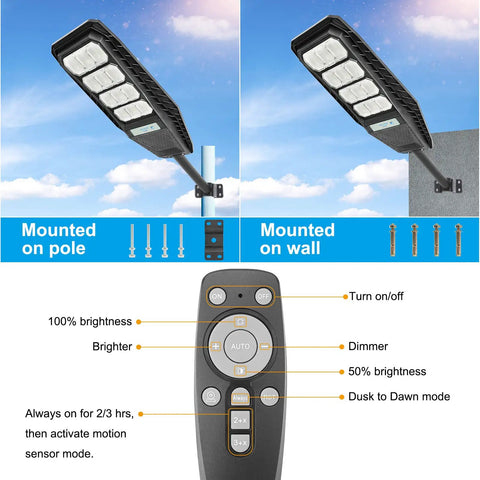 Two Pack 200W Solar Street Lights with Motion Sensor Dusk to Dawn 10000LM Bright Outdoor Flood Lights IP65 with Remote Control Options