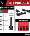 Three Eighths Inch Drive Allen Socket Set, 7 Piece, 3 Inch Length, Impact Hex Bit Sockets in red case, sizes 4mm to 12mm