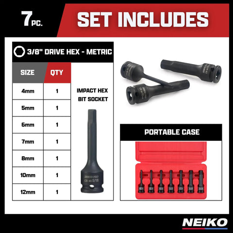 Three Eighths Inch Drive Allen Socket Set, 7 Piece, 3 Inch Length, Impact Hex Bit Sockets in red case, sizes 4mm to 12mm