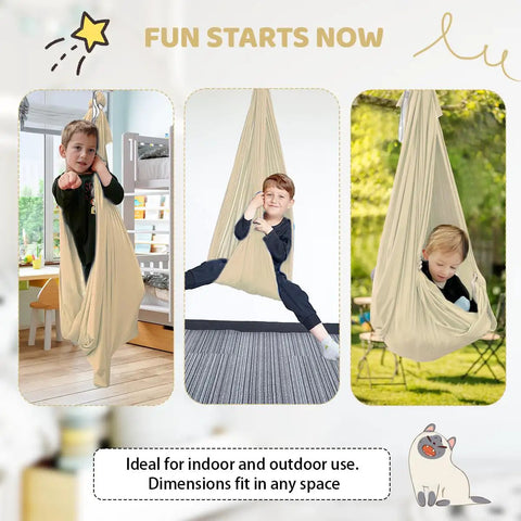 Children using Kid Friendly Sensory Swing for Indoor and Outdoor Use 300 lb Weight Capacity with 360 Swivel Hanger Kit, Beige