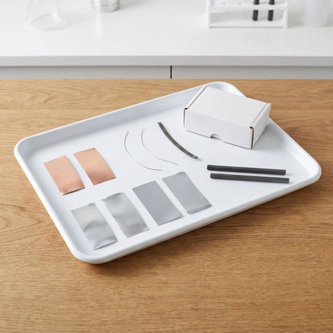 Metal Electrodes Kit For Basic Electricity Science Demos With Zinc Sheets Copper Plates Iron Anode Sheet And Graphite Rods on tray