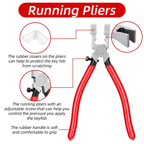 Image of running pliers with red handles, included in the 60 Piece Key Fob Hardware Kit With 1 Inch Keychain Parts In Silver Bronze Black And Gold Finish, Includes Split Rings And Pliers, Ideal For Wristlets Lanyards And Diy Keychain Craft Projects