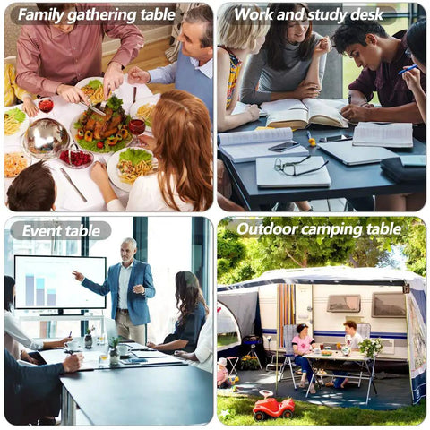 Four images featuring a six foot foldable outdoor camping table plastic white square for picnics parties and quick setups