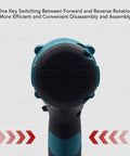 Brushless Cordless Electric Metal Shears With 360 Degree Swivel Head For Cutting Steel Sheet Metal showing reverse rotation switch.