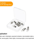 Works Like A Charm E10 Screw Base Miniature Bulbs 12V 5W Warm Yellow Light in clear storage box, showing 10 bulbs.