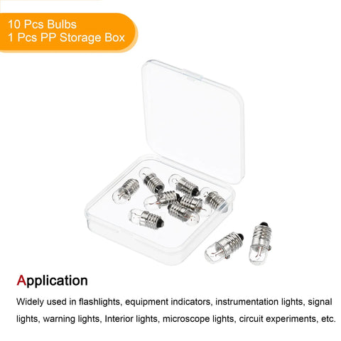 Works Like A Charm E10 Screw Base Miniature Bulbs 12V 5W Warm Yellow Light in clear storage box, showing 10 bulbs.