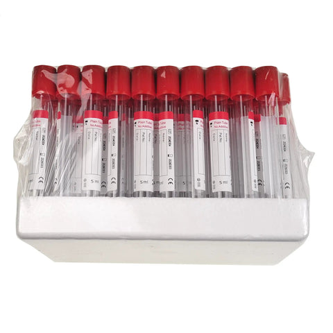 Veterinary Lab Vacuum Blood Collection Tubes No Additive 5ml Red Cap 100 Count for Vet Clinics in sealed packaging box.