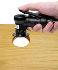 Front view of a black handheld pneumatic chamfering tool with a 1/4 in air inlet and depth dial beveling wood edge.