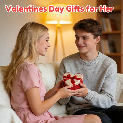 Teen boy giving a heart-shaped gift box to a girl on Valentine's Day, both smiling on a cozy couch.