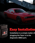 Tazer OBD2 Plug In Module For Dodge Challenger 2015 To 2023 with red Dodge Challenger in background labeled Easy Installation