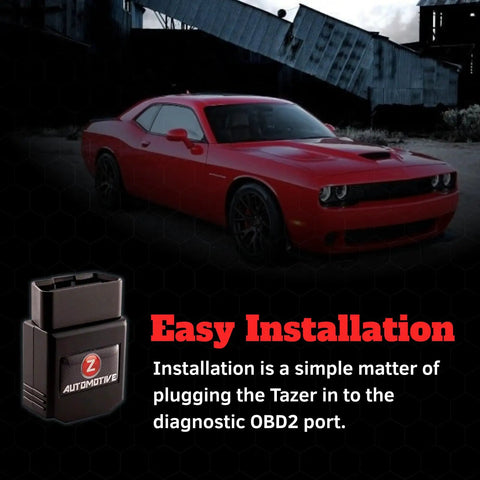 Tazer OBD2 Plug In Module For Dodge Challenger 2015 To 2023 with red Dodge Challenger in background labeled Easy Installation