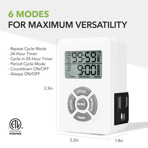 Digital Plug In Outlet Timer With Interval Repeat Cycle Offers Zero Fuss Setup And Rock Solid Reliability For Grow Lights Aquariums And Daily Home Automation Needs with six mode display.