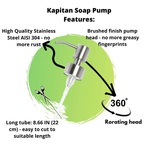 Soap Dispenser Pump Head Replacement For Standard 28 400 Neck Size 26 To 28 Mm Stainless Steel Brushed Finish No Fuss Bottle Use Only Universal Fit For Most Bottled Soap Dispensers, features diagram