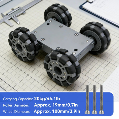 Four 100mm omni-directional robot wheels with black segmented tires mounted on a gray metal chassis.