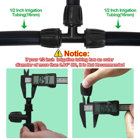 Rock Solid 10 Pack Half Inch Drip Irrigation Tee Fittings With Barbed Lock Nut T Connectors measuring against 1/2 inch tubing.