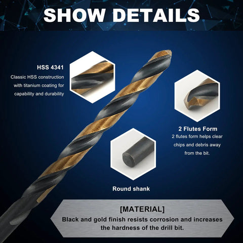 Heavy Duty 60 Piece Drill Bit Set HSS M2 Steel Black And Gold Coating 1 To 60 Size Range 135 Degree Split Point For Metal Plastic Wood With Durable Index Case
