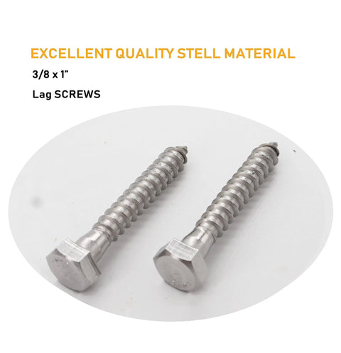 3/8 Inch Hex Head Lag Screws 20 Pack Premium Heavy Duty 304 Stainless Steel Outdoor Construction Bolts close-up showing two screws.