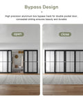 Bypass Double Sliding Pocket Door Hardware Kit 12Ft For 4 Door System installed, showing open and closed positions in room.