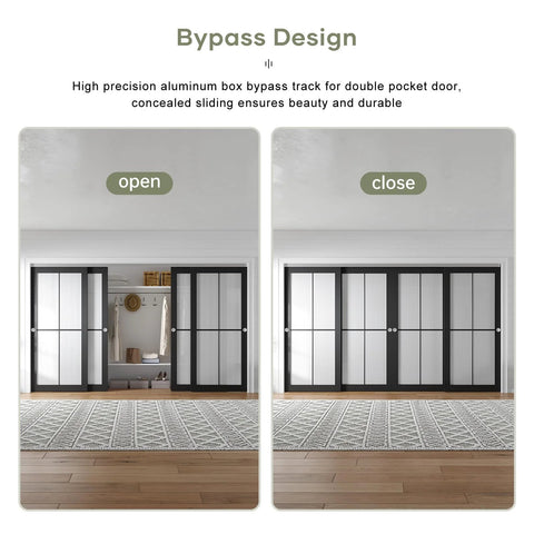 Bypass Double Sliding Pocket Door Hardware Kit 12Ft For 4 Door System installed, showing open and closed positions in room.