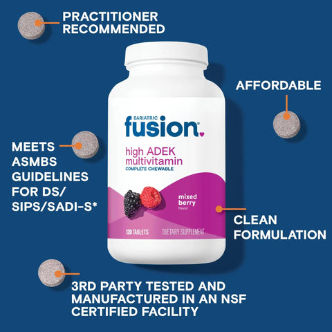 Chewable Multivitamin For Duodenal Switch Patients With High ADEK, Iron And Calcium, Mixed Berry Flavor, Easy To Chew Tablets, Yummy Taste For Daily Use, One Month Supply, Non GMO bottle front view, 120 tablets
